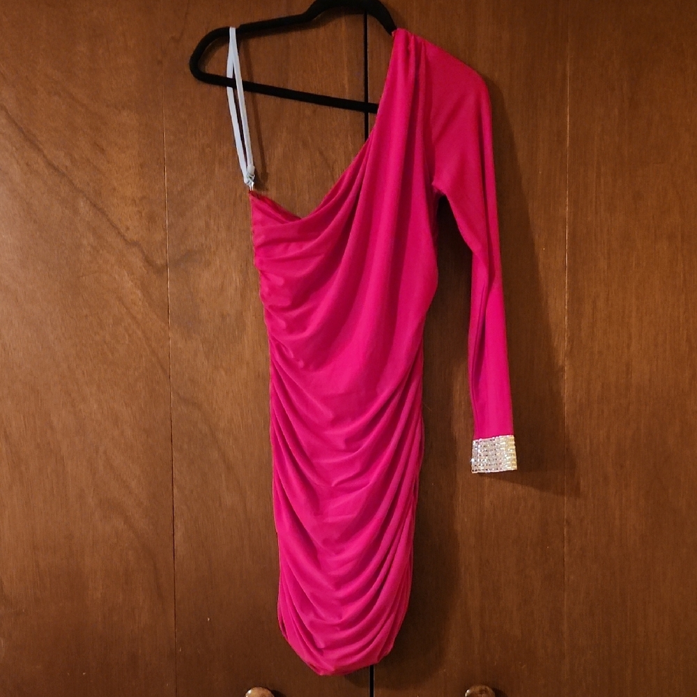 Elegant One-Shoulder Red Dress with Embellished Cuff
